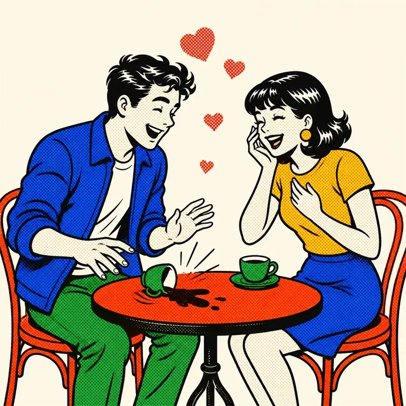 Comic drawing of two people laughing at a cafe table with halftone hearts